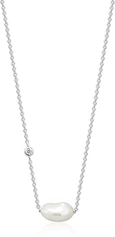 ANIA HAIE Damen Halskette PEARL OF WISDOM aus 925 Sterling Silber, besetzt mit einem Zirkonia und einem Süßwasserperlenanhänger, Länge 38cm + 5cm Verlängerung, inkl. Geschenkverpackung