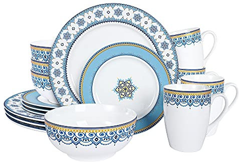 fanquare Vajilla Completa Moderna de Porcelana de 16 Piezas para 4 Personas, Cuencos y Platos Pintados en Grano de Nubes, Juego de Vajilla Azul