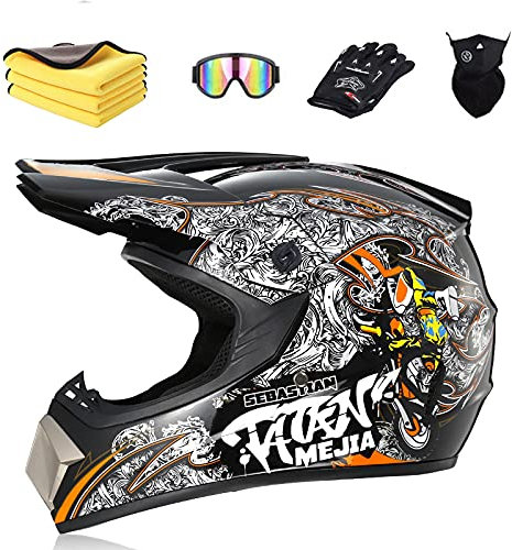 Ruiqieor Motorradhelm Motocross Helm Kinder Cross Helms Motorbike ATV MTB Freien Sport Motorcycle Helmet Set mit Handschuhen Brille,Gray Yellow,M:57-58cm