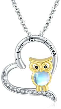 MEDWISE Eulen Kette Damen 925 Sterling Silber Mondstein Eule Anhänger Halskette Herz Eule Schmuck Geschenke für Frauen Mädchen