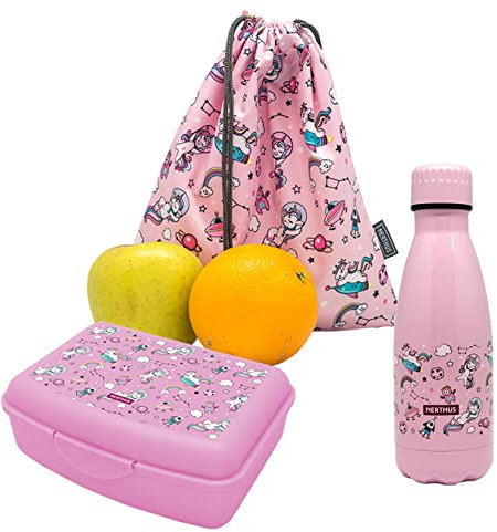 NERTHUS FIH 1023 SET Botella Doble Pared Acero Inox + Lunchbox + Mochila Unicornios