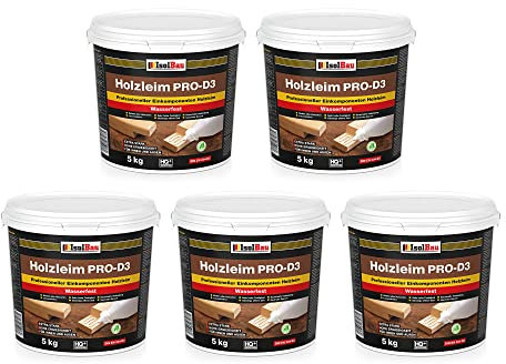 Isolbau Holzleim PRO-D3-5 x 5 kg Eimer Extra starker Holzkleber für alle Holzarten, für Innen & Außen, Wasserfest, Lösemittelfrei
