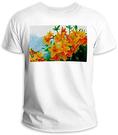 Kurzärmeliges T-Shirt Rundhalsausschnitt 100% Baumwolle Rhododendron Golden Hawk Flower, mehrfarbig, 58