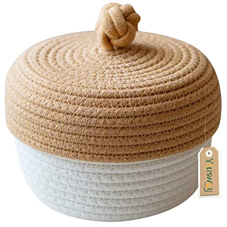 Yiuswoy Petit Panier de Rangement en Corde de Coton Boîte de Rangement Tissé Naturel avec Couvercl pour Chambre d'enfant, Salle de Bain, Bureau, 20 x 15 cm, Blanc/Kaki