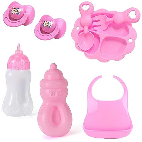 PFLYPF 8-teiliges Babypuppen-Fütterungsset, ausgestattet mit 2 Saugflaschen, 2 Schnullern, Lätzchen, Tellern, Löffeln, Gabeln, Puppenzubehör-Set für Jungen und Mädchen