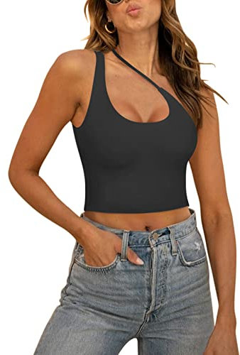 REORIA Damen Sexy One Shoulder Ausschnitt rückenfrei ärmellos zum Ausgehen trendiges Crop Tanktop Schwarz S
