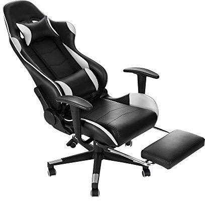 Panana Gaming Chair Racing Gas Lift Swivel High Back Ergonomic Chair with Lumbar Support & Footrest (White)