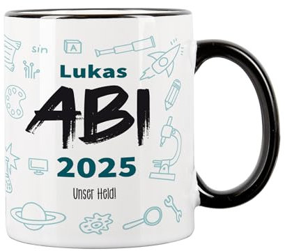 Herz & Heim® Kaffeetasse - Geschenk Abitur 2025 oder Schulabschluss - mit Namensaufdruck Abi - mit Jahr und Wunschtext