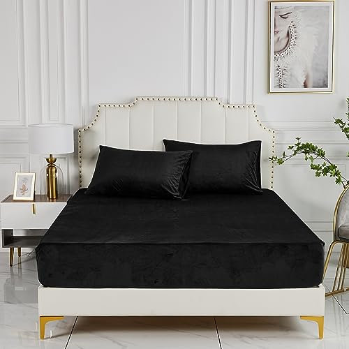 Damier Plüsch Spannbettlaken 160x200x30cm Schwarz Winter Warm Flauschige Bettlaken Cashmere Touch Spannbetttuch Geeignet für 30cm Matratze