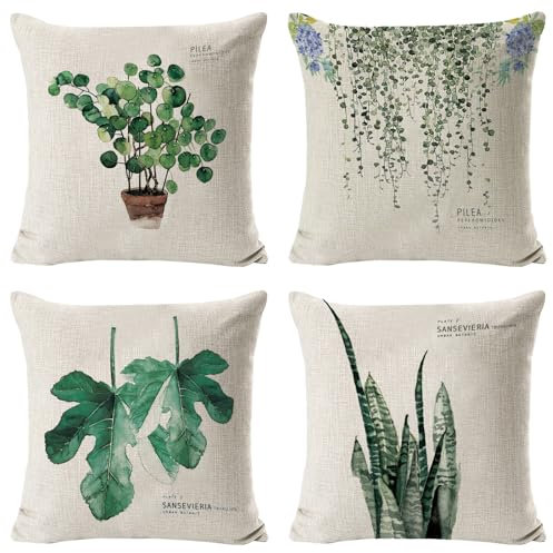 HIQE-FL 4 Stück Kissenbezug 45x45,Kissenhülle Grüne Deko-Kissen,Outdoor Kissenbezug,Kissenbezug Leinen,Sofa Kissenbezug,für Sofa Bed Auto Büro Cafe Garten Room Boho Dekor(Grüne Blätter)
