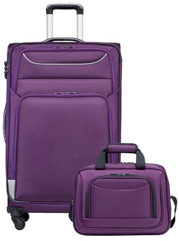 COOLIFE Koffer Trolley Koffer Reisekoffer von 4 Rollen Stoffkoffer Handgepäck TSA-Schloss Der Koffer Enthält 1 Große Umhängetasche (Großer Koffer-Set 2tlg, lila+Silber)
