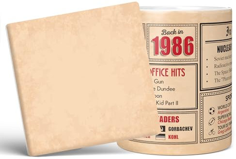 Mug Monster - Cadeau d'anniversaire 39 ans – Tasse « Back in 1986 », cadeau pour homme et femme, 39e anniversaire, tasse et dessous-de-verre blanc de 590 ml