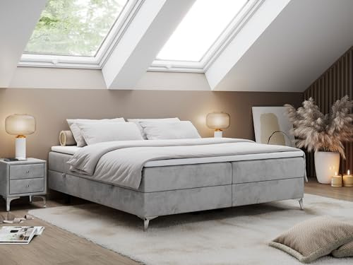 MKS MEBLE Boxspringbett Less 180x200 cm, Bett mit Bettkasten, Multipocket Matratze H3 7-Zonen, Topper T25, minimalistisches Doppelbett – Hellgrau Velvet