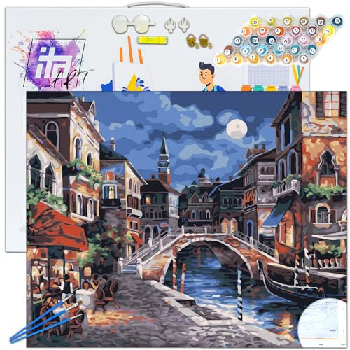 ITA Art Malen nach Zahlen Komplett Set mit Keilrahmen, Acrylfarben, Pinseln, Zubehör, Geschenkbox - DIY Gemälde Bastelset Kit mit Leinwand für Erwachsene, 30x40 cm, Die Lichter von Venedig