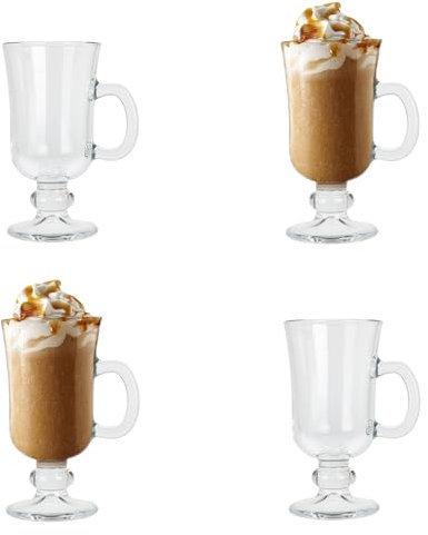 Koopman International Irish Coffee Glasses Set 240ml Irish Latte Tea Tall Coffee Cups Glass Footed Mugs Hot Chocolate Drink Beverages Iced Coffee Mulled Wine Glasses with Handle (4)
