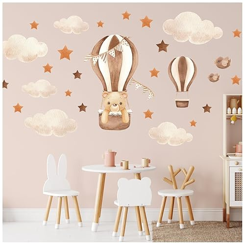 Bär im Heißluftballon Tiere für Babyzimmer Wandtattoo Heißluftballon für Kinderzimmer Wandaufkleber selbstklebend