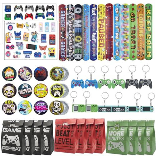 Mooshy 62 PCS Video Game Party Bag Fillers Boys Party Bags Gamer Party Favours with Slap Bands Gaming Keychain and Tattoos Stickers Button Pins Party Supplies Goodie Bag Fillers for Childrens