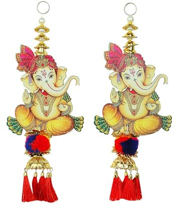Set of 2 Ganesha Hanging Auspicious Wooden Bandanwar Door Wall Hangings for Indian Traditional decor decorations Handcrafted Valance Showpiece for Home Temple Decor(Size:-10X4)(Multicolour)