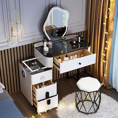 Schminktisch mit 3-farbigem beleuchtetem Spiegel, Make-up-Schminktisch-Set mit kabelloser Ladestation und Bluetooth-Lautsprecher, 5 Schubladen, beweglicher Nachttisch, Schminktisch (Größe: L-60 cm,