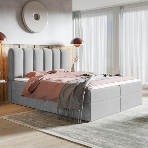 MOTIVENA Como Bubble Boxspringbett 180x200 mit Bettkasten, Bubble Polsterbett 180x200 mit Bettkasten, Taschenfederkern-Matratze (H3), Visco Memory-Foam Topper (H2), Samt, Grau (Hellgrau)