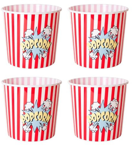 Acan Tradineur - Pack de 4 Cubos de Palomitas Redondos de plástico, Recipiente Reutilizable para Cine en casa, Fiestas, Celebraciones (Rojo y Blanco - 24 x 21 cm)