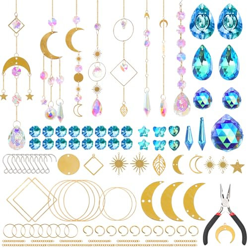 UXORSN 370 Stück Sonnenfänger Kristall Bastelset für Erwachsene Suncatcher Machen Set Bunt Kristalle Perlen Anhänger Hängende Prismen Ornament Regenbogen Hersteller für Fenster Garten Hochzeit Dekor