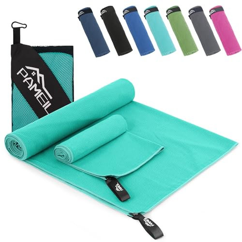 Pameil Mikrofaser Handtuch 2er Set-(160x80cm Groß Badetuch+80x40cm Klein Handtüch), Kompakt & Schnelltrocknend Microfaser Handtücher- das Sporthandtuch, Reisehandtuch, Strandhandtuch(Pfauenblau)