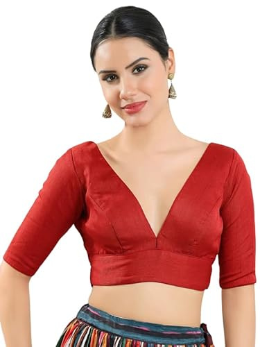 Dupion Silk Solid Non Padded Saree Blouse Top V-Neck Short Sleeves Hook and Eye Closure and Tie-Up Back Choli Red