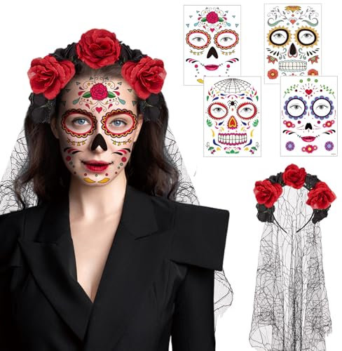 Halloween haarreif damen ,rosen blumen haarreif halloween kopfschmuck Inklusive schleier schwarz haarschmuck mit Rosengirlande,halloween tattoo gesicht ,für Hochzeiten und Halloween party,Karneval