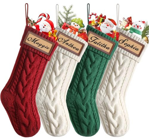 Weldomcor Lot de 4 Chaussette de Noël Personnalisé nom, Tricotés Décorations de Bas de Noël Grand 46 cm Chaussettes Noel de Cheminée à Suspendre Xmas Sac Cadeau Sac de Bonbons (Rouge, Blanc, Vert)