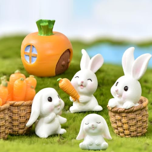 KARLOR 7 Pcs Kaninchen Figuren Set, Miniatur Kaninchen Gartendeko Niedliche Hasen Tierfiguren Tischdeko Ornamente Mikro-Landschaft Hasen Karotten Bambuskorb Puppenhaus Dekoration Hasen Skulptur deko