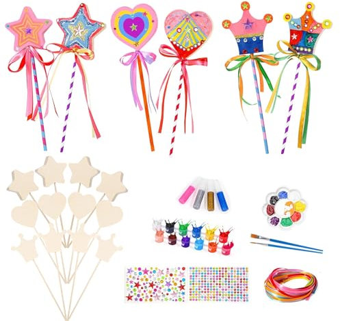 Dimoxii 12 Pcs Baguette Magique Kit Loisirs Créatifs Enfants, DIY Baguettes en Bois à Peindre avec Strass, Activités Manuelles Princesse, Cadeau Anniversaire Filles (Étoiles+Cœurs+Couronnes)