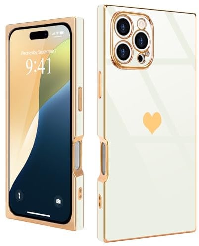 Urarssa for iPhone 16 Pro Case Cute Rectangle Heart Pattern Luxury Gold Plating Cases Women Girls Shockproof Bumper Silicone Protective Cover for iPhone 16 Pro, White