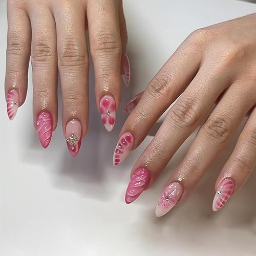 MouyouGlow Press on Nails Kurz,Almond Nude Rosa 3D Crystal Floral Bubble Shell Cross Y2K Coquette Fake Nails mit Nagelkleber,Pink Sommer INS Sweet Künstliche Fingernägel