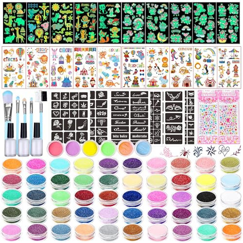 TEUVO 50 Colors Glitter Tattoos for Kids, 132 Temporary Tattoo Stencils, 6 Jars Glow in the Dark Powder & 10 Luminous Patterns for DIY Makeup Christmas Birthday Halloween Carnival Party