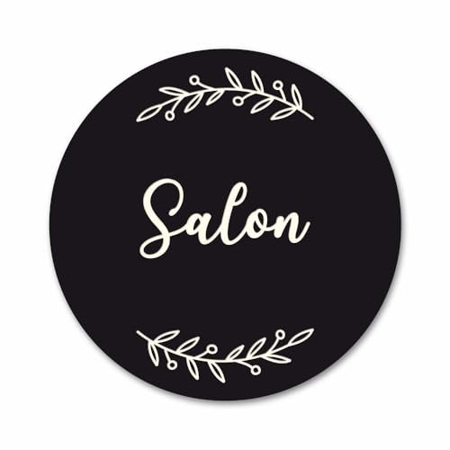Plaque de Porte Salon Autocollante PVC Gravé Noir Blanc Ronde. Décoration de Porte personnalisée,
