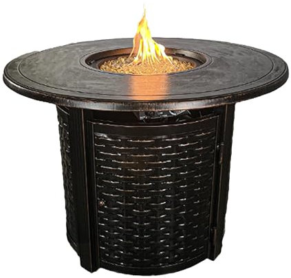 Golden Flame Avalon 34-Inch Round | 37,000 BTU Cast Aluminum Natural Gas (NG) Firepit Table with Fire Bowl Lid, Fire Glass Rocks, Protective Cover and 12-Ft NG Connector Hose | Antique Copper Finish