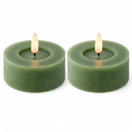 MIJOMA LED-Echtwachskerze mit realistischer Flamme, Timer und batteriebetrieb | Indoor LED-Kerze mit warmweißem Licht | Natürliche Optik (Grün - Teelichter, Ø7cm x 6cm)