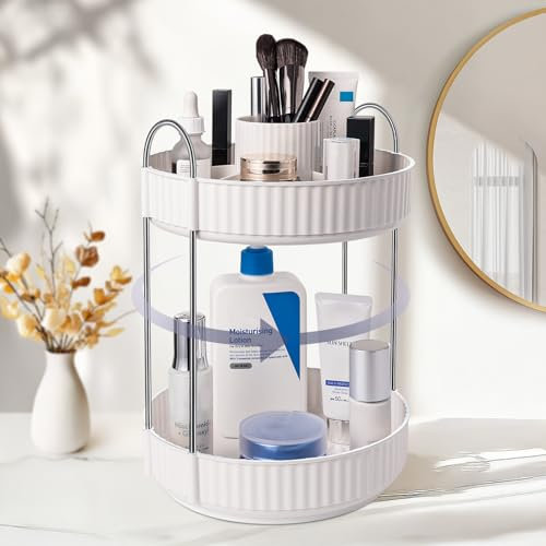 SOLVIEW Make Up Organizer, Kosmetik Makeup Organizers 360° Drehbar, Skincare Schminktisch Organizer Aufbewahrung 2 Ebenen für chminktisch, Schlafzimmer, Küche, Bathroom, Weiß