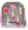 verybella Backpack, irrediscent, zipper, transparent front part, contains 3 coloured peel off varnishes, 1 glossy lip, 1 lip balm, 1 blush, practical tip holder