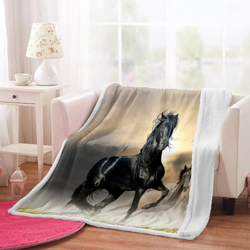 ZZTBQ Pferde Muster Drucken Kuscheldecke für Kinder 3D Tiere Pferd Warm Sherpa Decke Dicke Sofa Flanell Fleecedecke 100x150cm Schwarz Pferd Print Überwurfdecke für Bett Flauschige Wohndecke