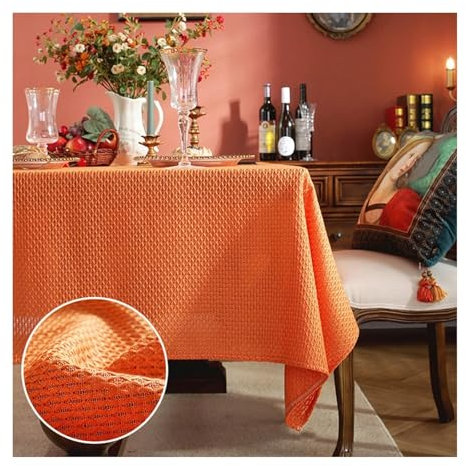 Tischdecke Orange, Baumwollleinen Tischdecke Outdoor Plaid Abwaschbare Tischdecke Quadrat 90x90CM für Wohnzimmer, Esszimmer, Balkon, Garten