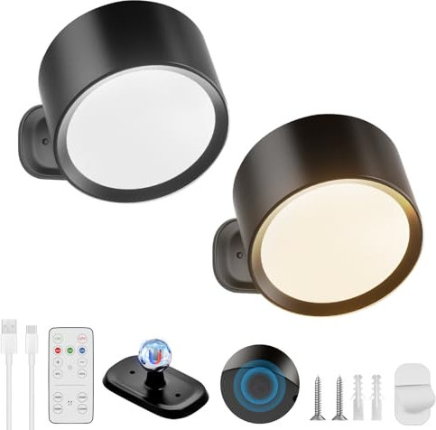 VIIVUU Akku Wandleuchte Innen mit fernbedienung,10 Helligkeitsstufen & 3 Farbmodi, Wandlampe Ohne Stromanschluss 360° Drehbar, LED Wandleuchte Kabellos Magnetisch, USB Wandlampe 2 Stück