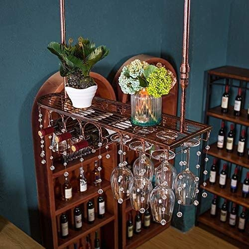 Tiiiopkvvv Dampf-Weinregal zur Wandmontage, mit Ablage und Stielglashalter, Aufbewahrungsregal (Farbe: Bronze, Größe: 60 x 25 cm)