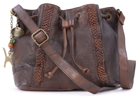 Catwalk Collection Handbags - Women's Crossbody Bag - Medium Drawstring Bucket Bag - Washed Vintage Leather - Francesca - Brown