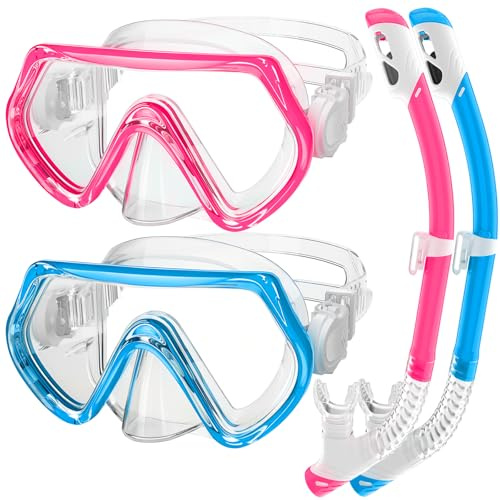 2 Sets Kids Snorkeling Gear for Ages 3-14, Anti-Fog 180° Clear View Dry Top Snorkel Set, Swimming Mask with Nose Cover & Tempered Glass Goggles for Youth Boys Girls Junior