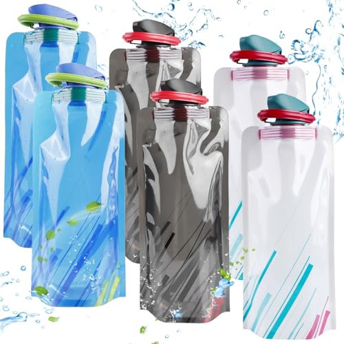 GAOUTO 6 Pièces Gourde Pliable 700ml, Compacte & Réutilisable, Sans BPA Pour Camping, Festival & Plein Air (Noir, Bleu, Blanc)
