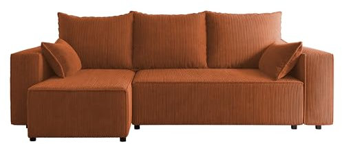 4ALL HOME Ecksofa mit Schlaffunktion Tobi 246x145 cm - Couch - Sofa mit Bettkasten - Eckcouch - L-Form - Schlaffsofa - Schlafsofa mit Bettkasten - Universal (Cord Poso 40 Kupfer)