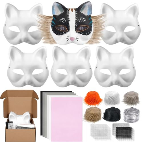 Draupnir 6 Stück Therian Katzenmasken, Papier Maske zum Bemalen mit 6 Kuns Fell, 6 Selbstklebende Filz und 12 Eye Mesh, DIY Weiße Maske für Halloween, Weihnachten, Karneval, Party Cosplay