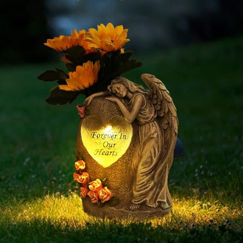 Grabvase Engel Figuren mit Solarleuchten, Friedhofsvase Engel Solar Grablicht, Grabschmuck Engelsvasen Gartenfiguren für Außen, Solar Licht Engelfigur Grabvasen für Frische/Künstliche Blumen (B)